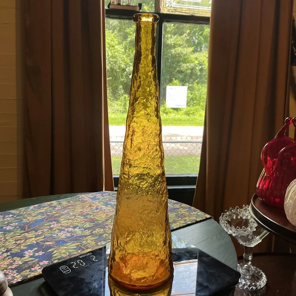 Empoli Italian Amber Glass Crinkle Bark Textured Genie Bottle Vase 16.5 Inch MCM